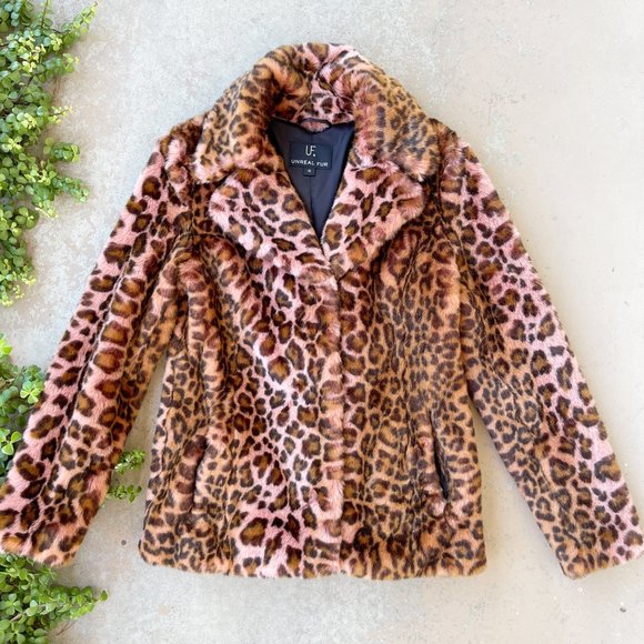 Unreal Fur Jackets & Blazers - Unreal Fur Urban Tiger Faux Fur Jacket Coat in Blush Leopard, Size XS